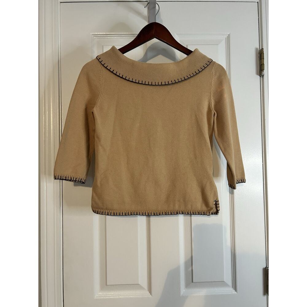 Rafaella Petites Cotton Boatneck Sweater Tan Whipstitch Trim Size P